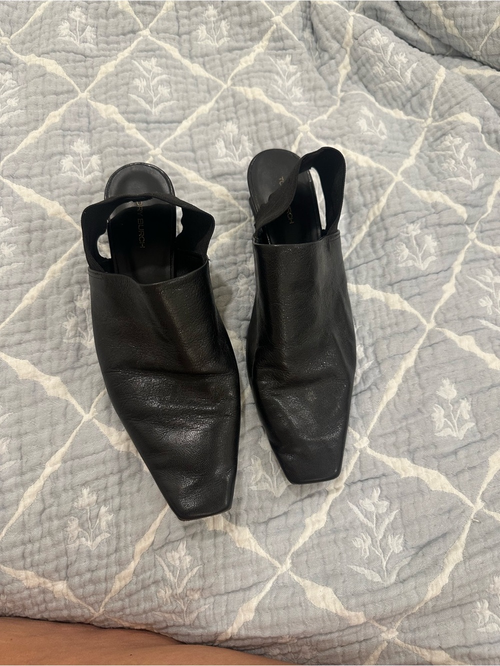 Tory Burch Mellow Black Leather Square-Toe Slingback Heel 6.5 Block Heel Slouchy